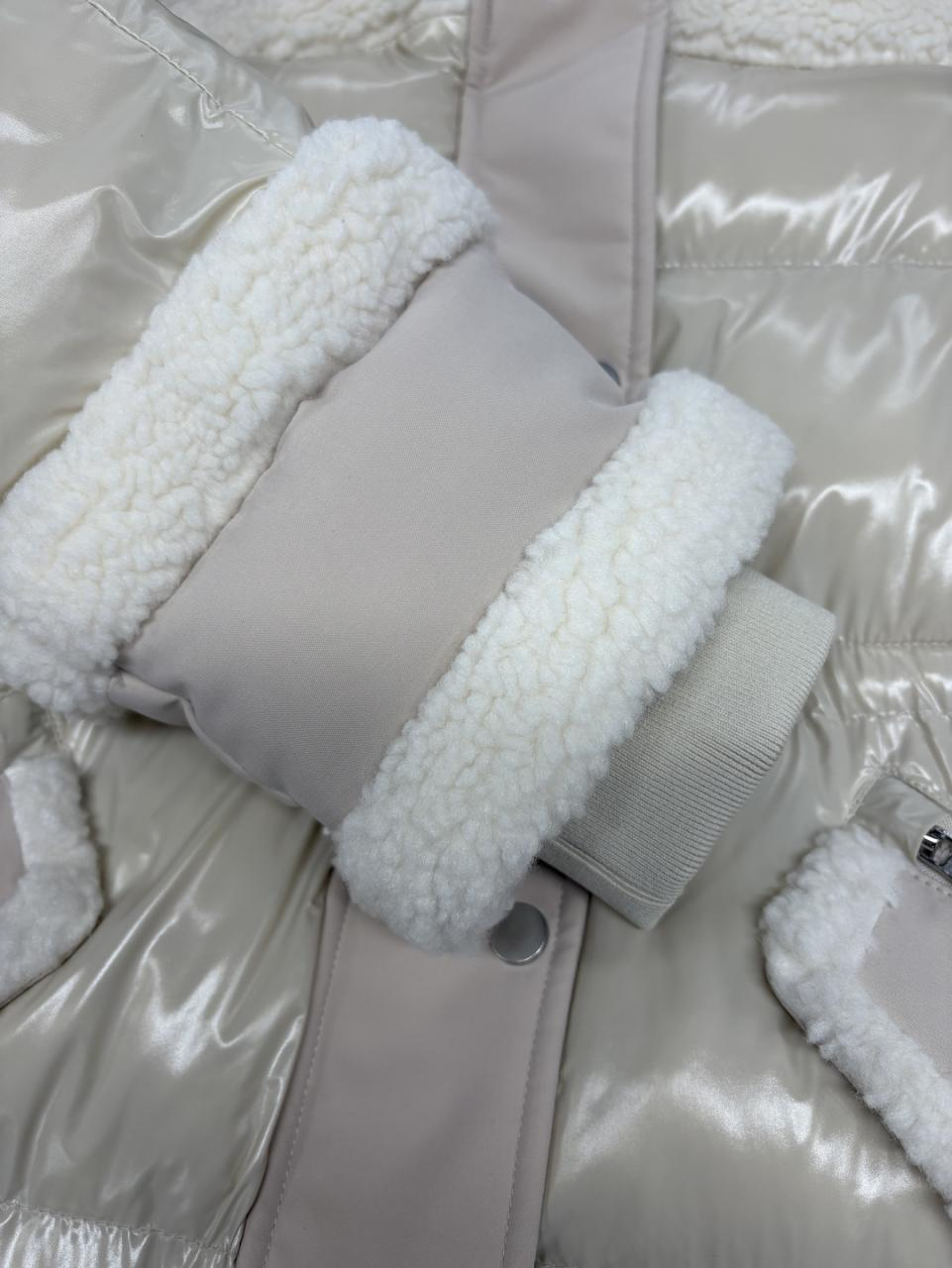 Matte & Lacquer Mixed Long Puffer Coat with Visible Snaps & Flap Pockets