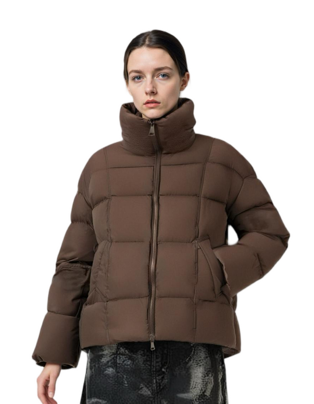 Tweed & Matte Mixed Long Puffer Coat with Adjustable Hood