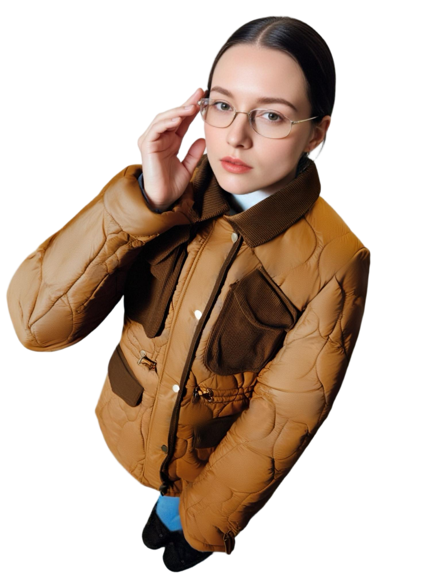 Corduroy & Matte Mixed Short Lightweight Coat with Curved Quiltings