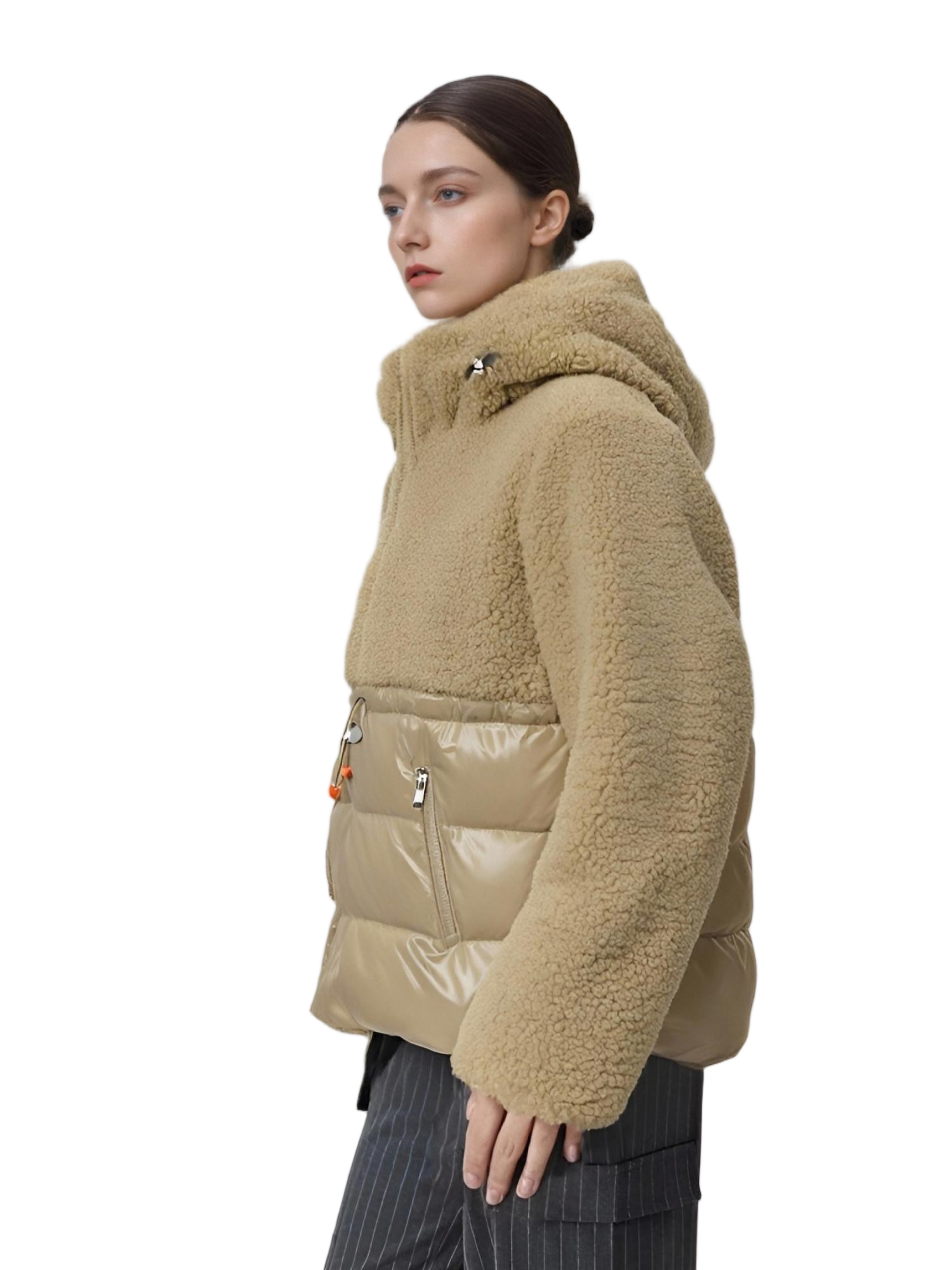 Fleece & Lacquer Mixed Puffer Coat with Adjustable Hood 