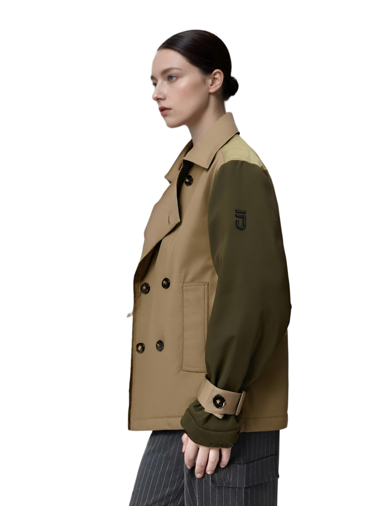 Color-Blocked Short Trench Coat with Diamond Quilted Back