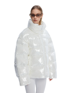 Oversized sta-kraag down jas voor dames-opvallend paillettenontwerp, witte gans naar beneden voor de winter