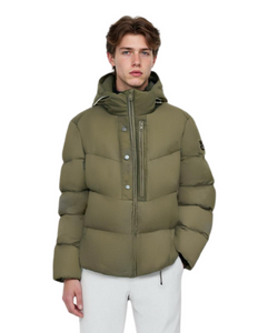 Wrinkle-Textured Nylon Short Puffer Coat with Adjustable Hood