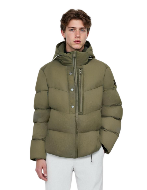 Wrinkle-Textured Nylon Short Puffer Coat with Adjustable Hood