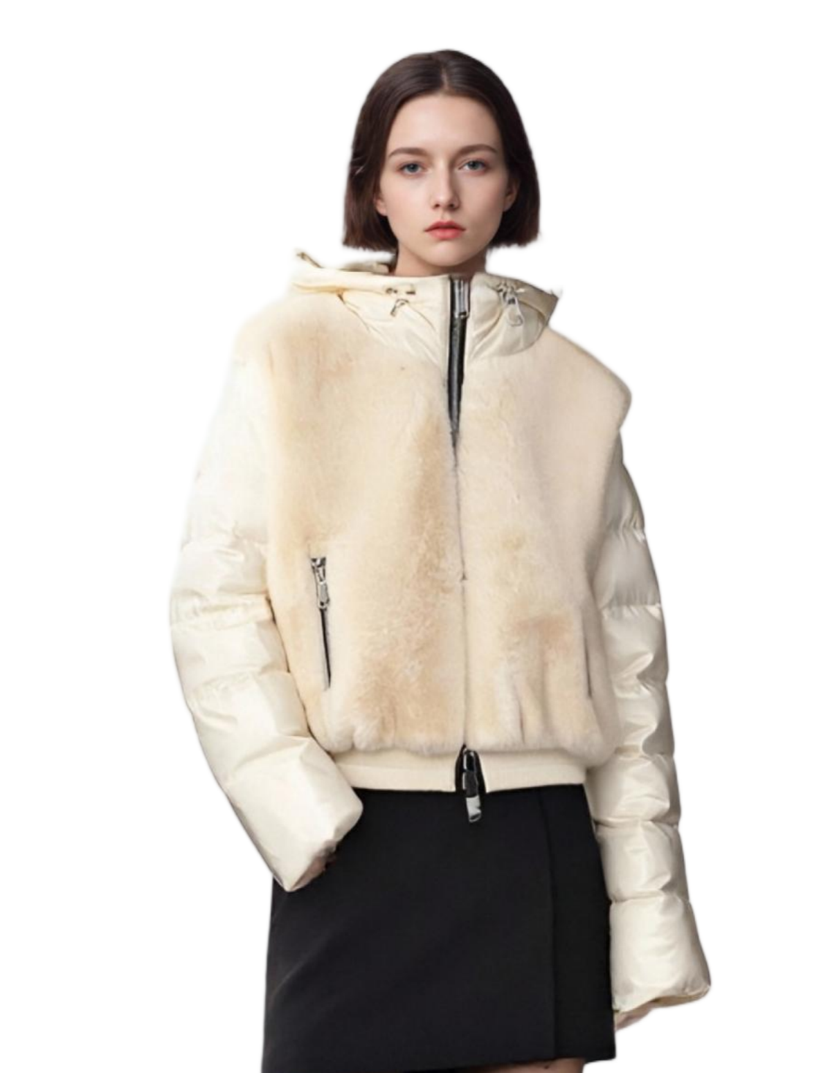Fur & Lacquer Mixed Short Puffer Coat with Adjustable Hood
