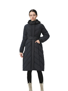 Matte & Lacquer Mixed Long Puffer Coat with Detachable Hood & Adjustable Belt