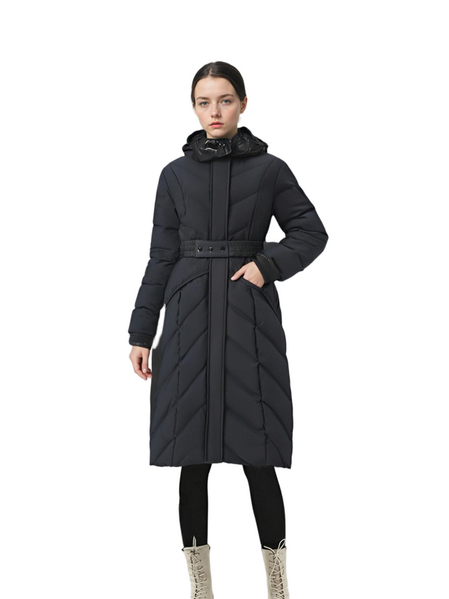 Matte & Lacquer Mixed Long Puffer Coat with Detachable Hood & Adjustable Belt