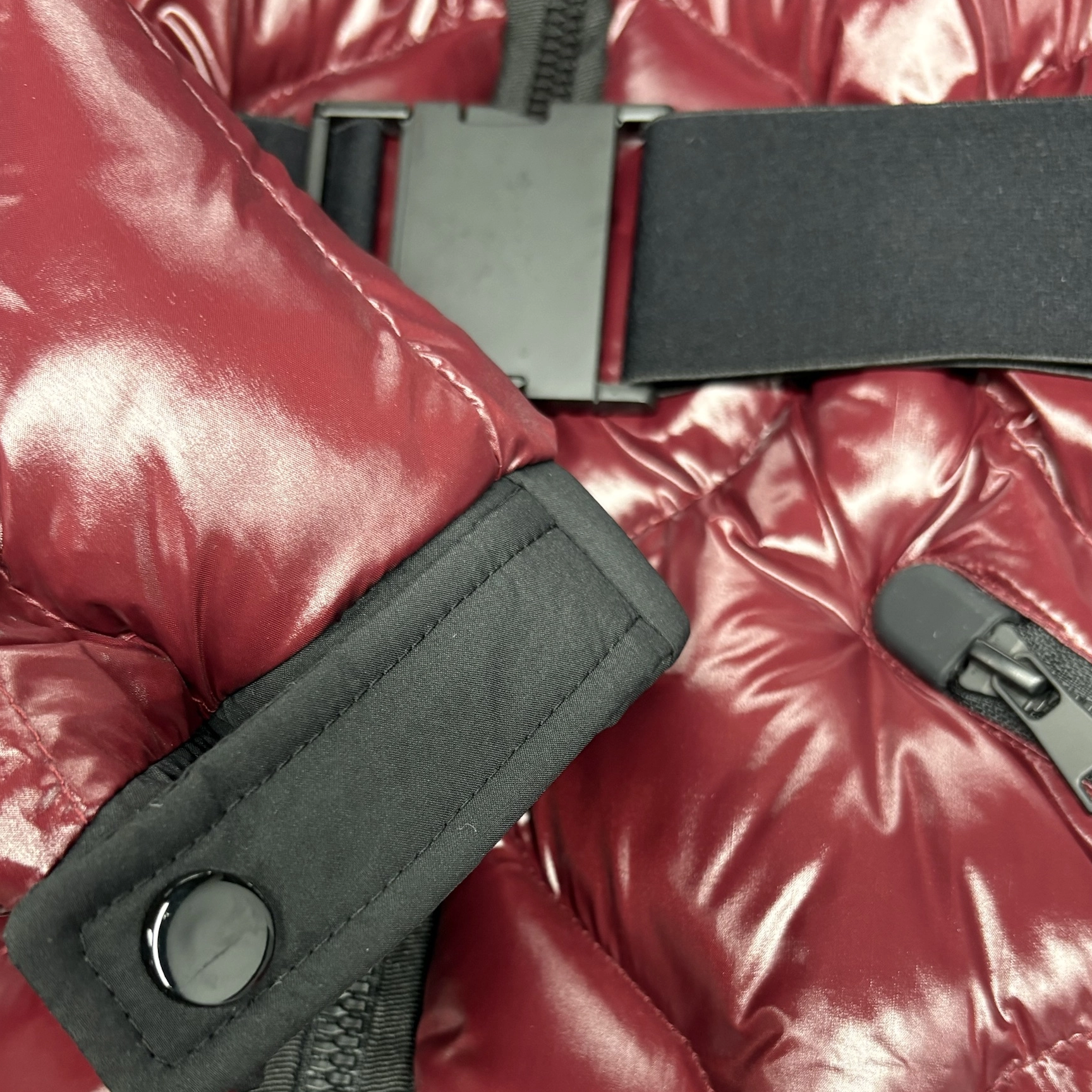 Lacquer & Matte Mixed Long Puffer Coat with Detachable Hood & Curved Quiltings