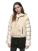 Fur & Lacquer Mixed Short Puffer Coat with Adjustable Hood
