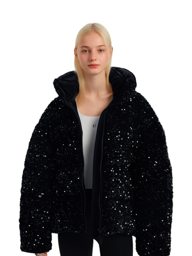 Ženska Velvet Sequin High-End Down Jacket-zimski novi ovratnik srednje dolžine, ohlapna gosja