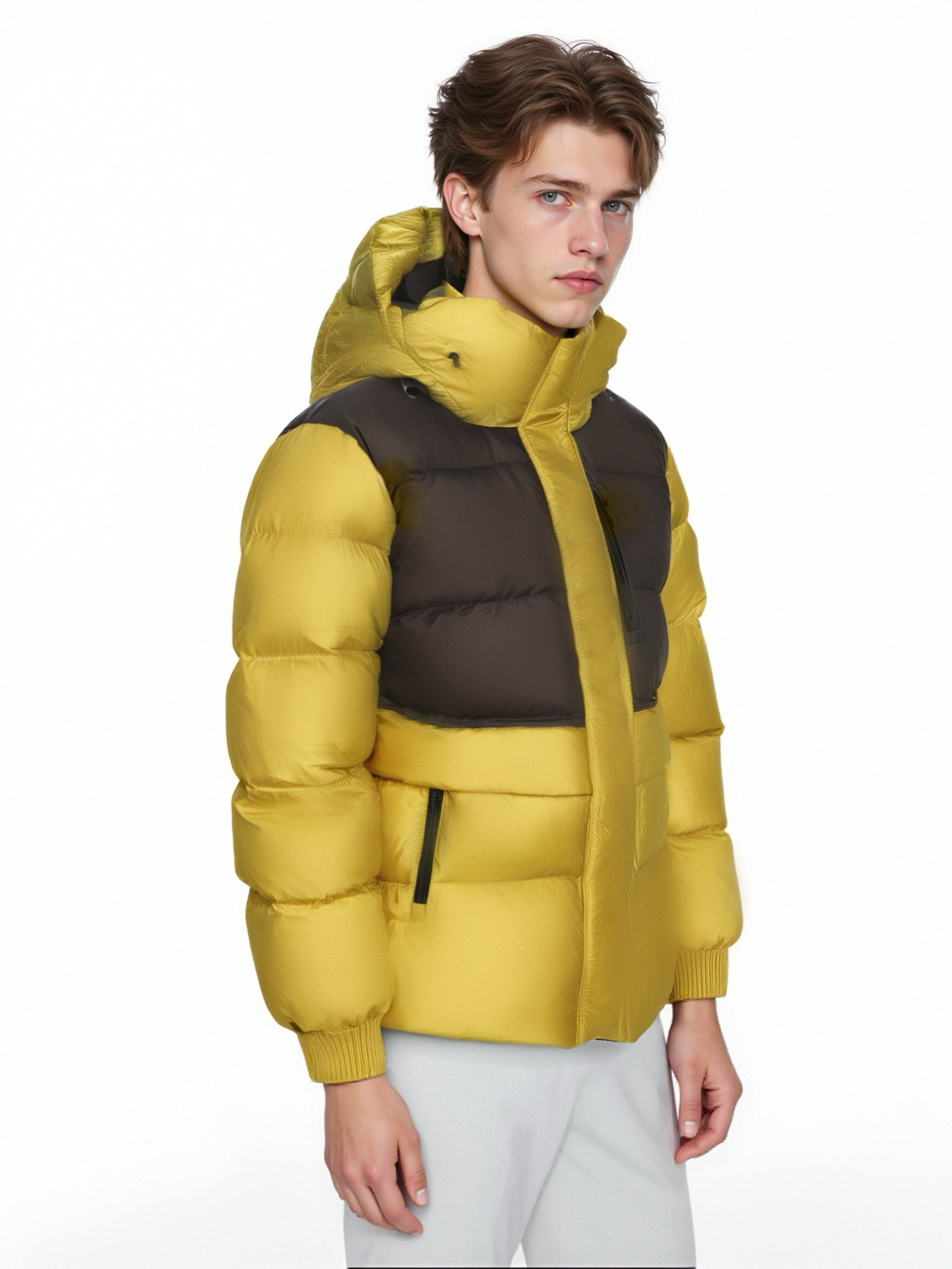 Color-Blocked Short Puffer Coat with Knit-Accent Details 