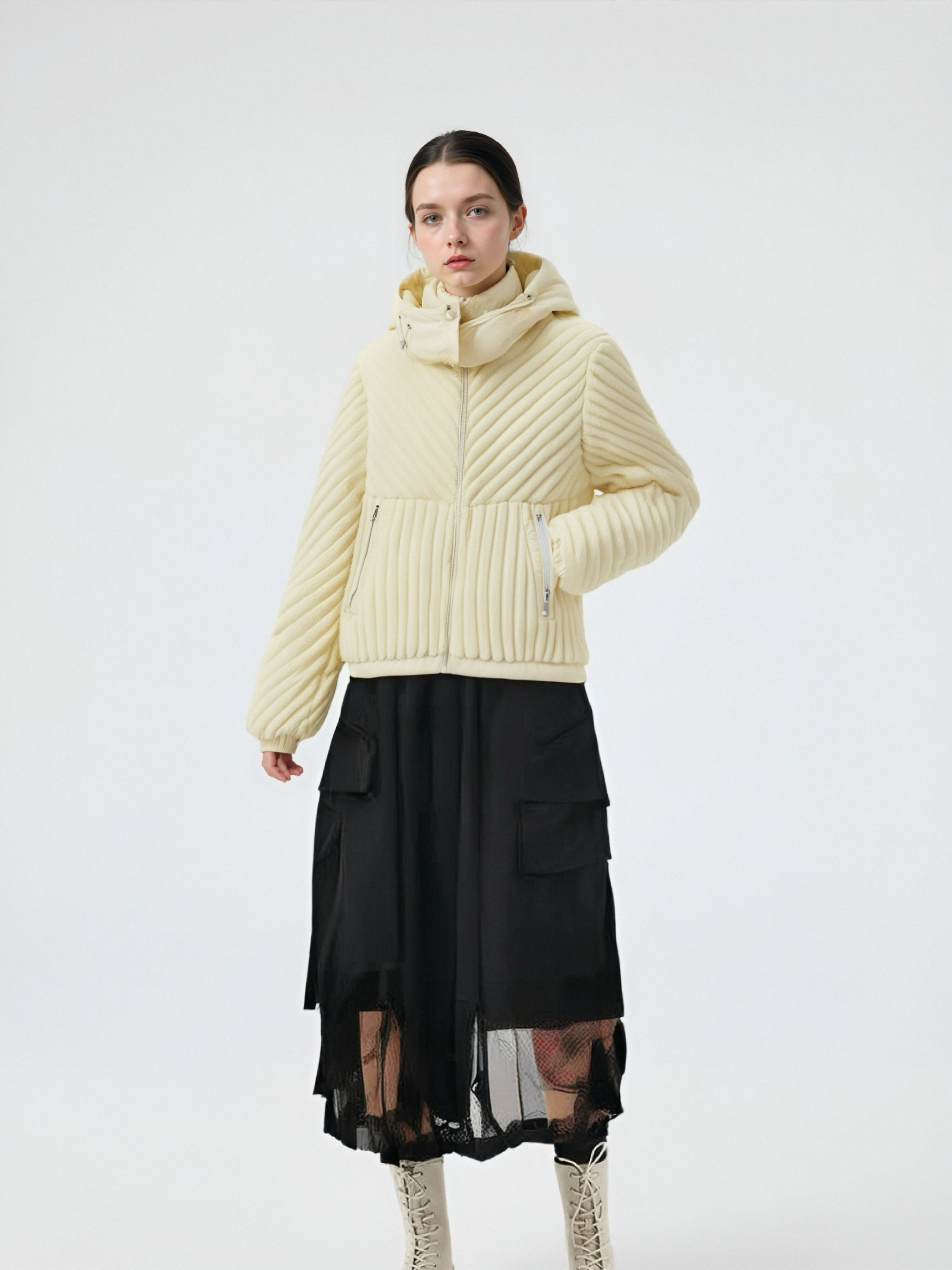 Short Puffer Coat with Mixed Materials