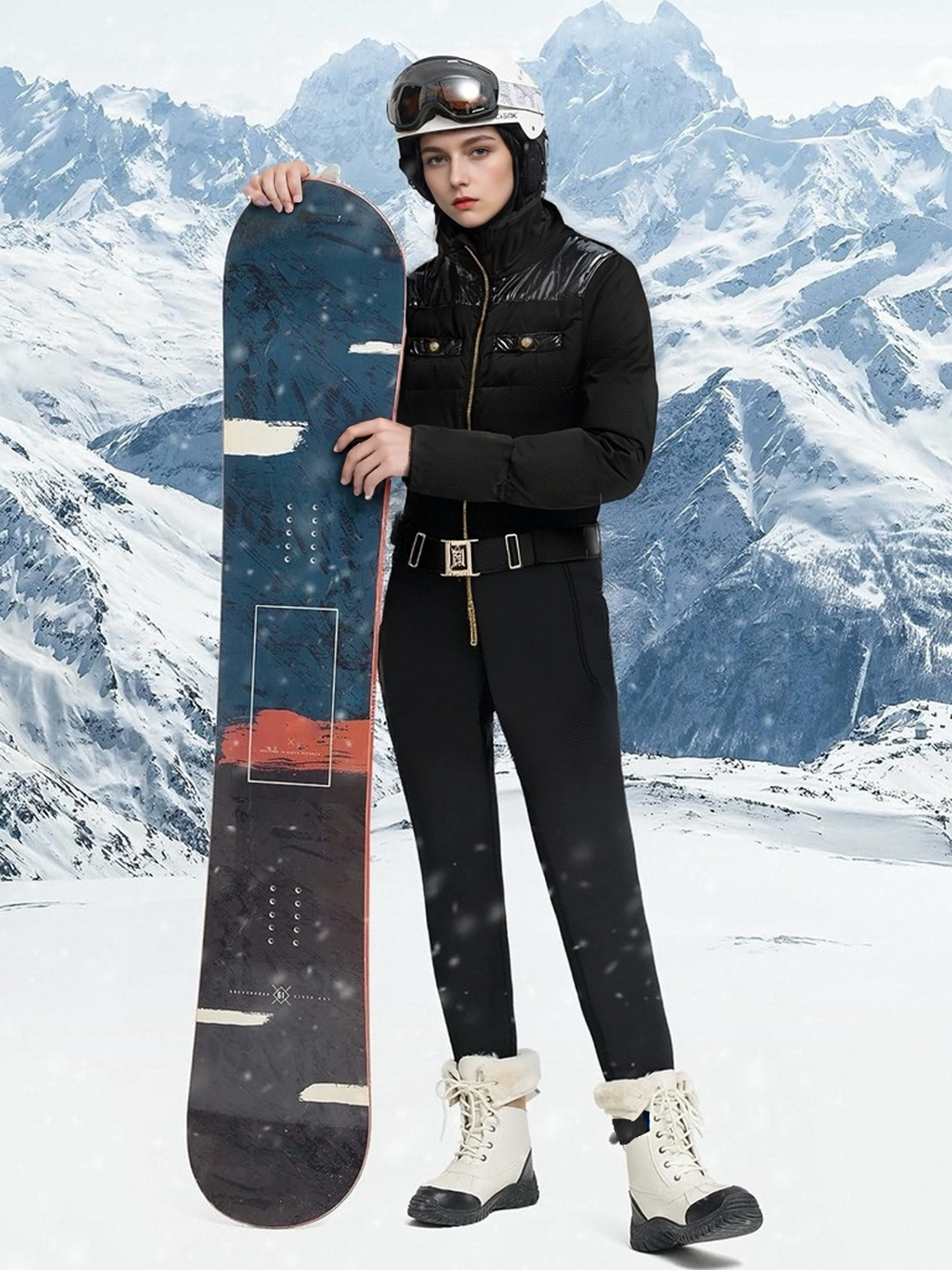 Lacquer-Matte Mixed Ski Suit with Gold Trims 