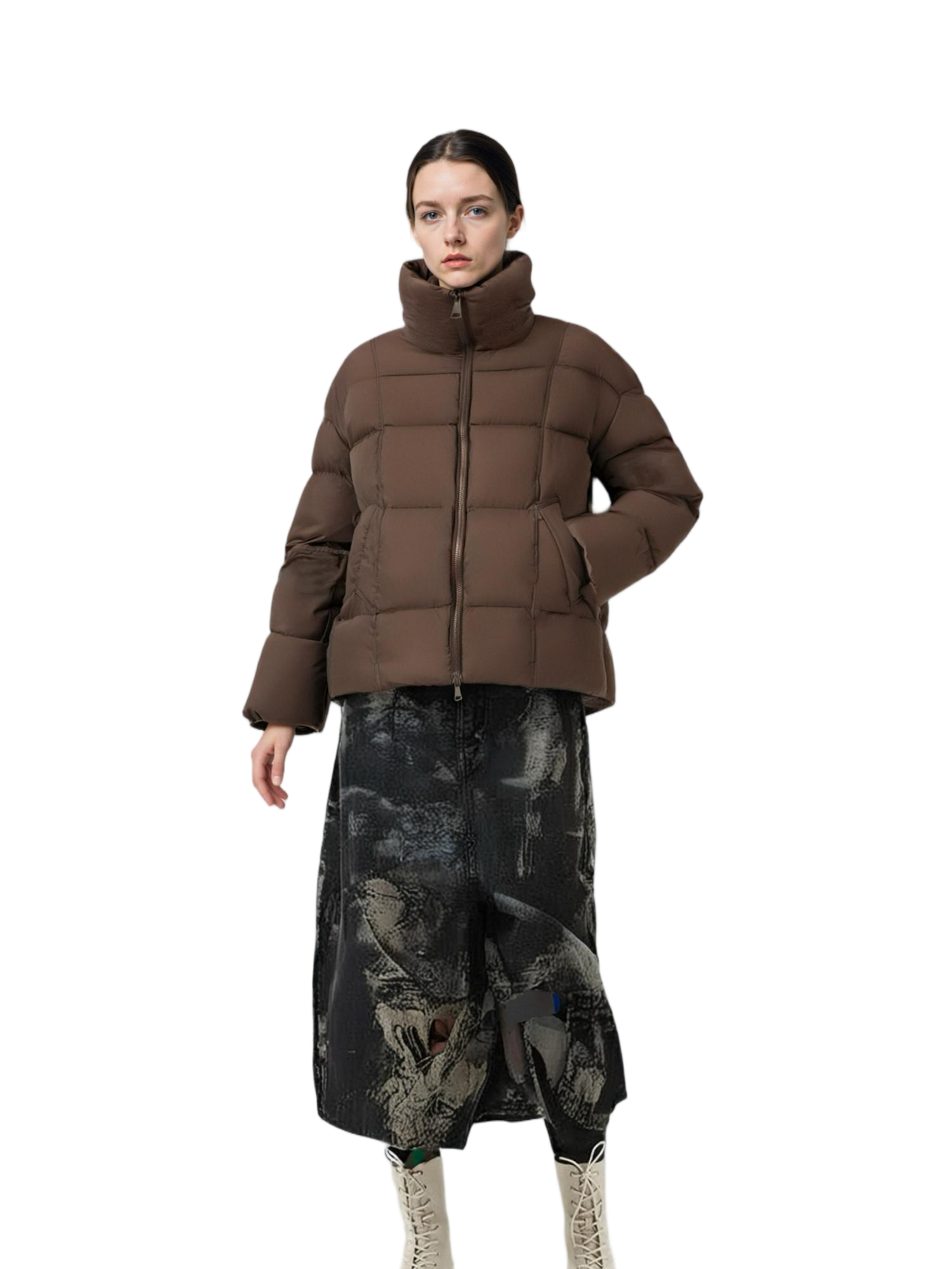 Tweed & Matte Mixed Long Puffer Coat with Adjustable Hood