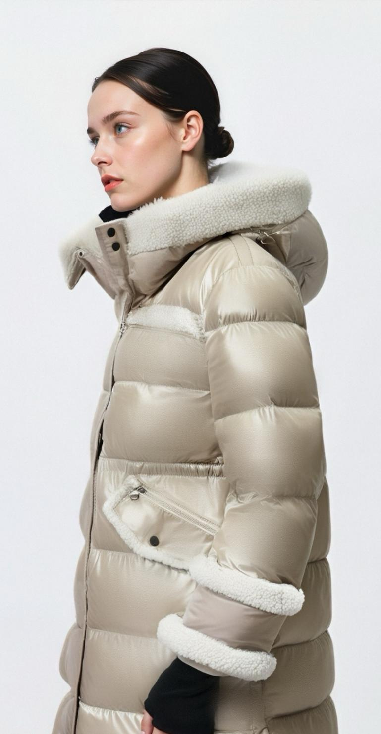 Matte & Lacquer Mixed Long Puffer Coat with Visible Snaps & Flap Pockets
