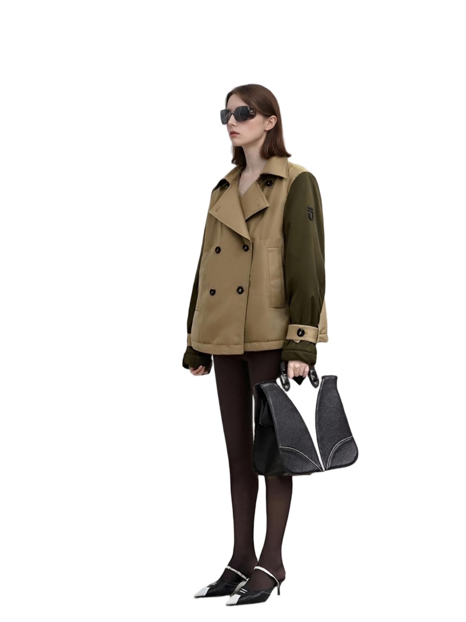 Color-Blocked Short Trench Coat with Diamond Quilted Back