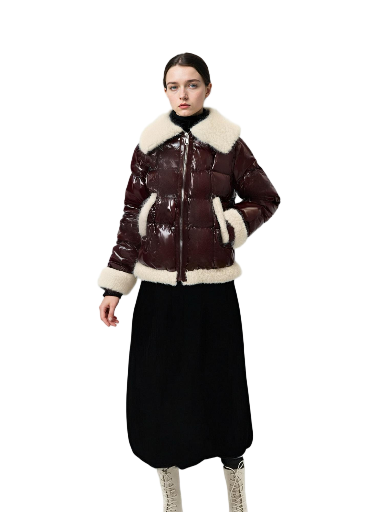 Short Puffer Coat with Fur - Lacquer Mix