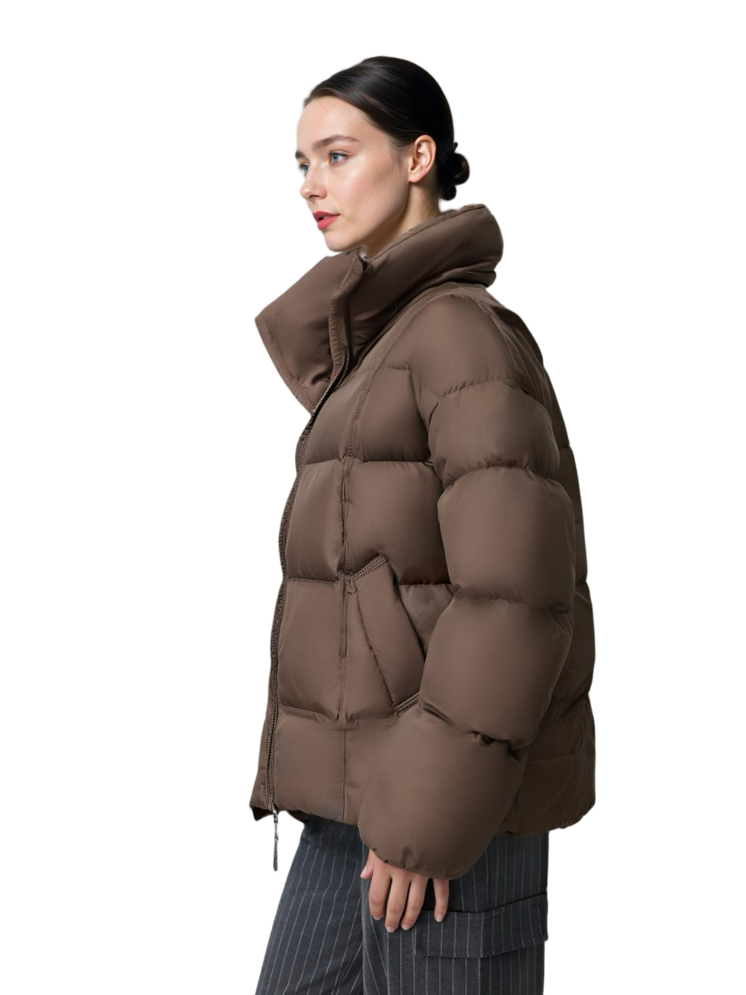 Tweed & Matte Mixed Long Puffer Coat with Adjustable Hood