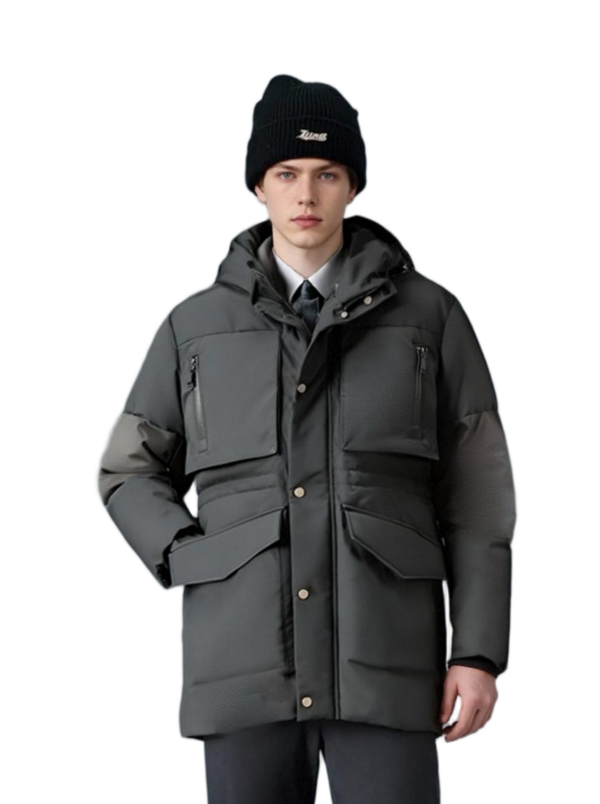 Multi-Material Patchwork Functional Parka with PU Sleeve Details