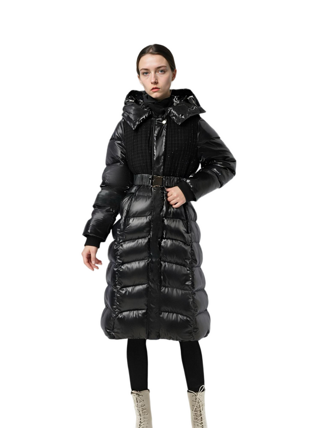 Tweed & Lacquer Mixed Long Puffer Coat with Oversized Adjustable Hood & Structured Belt 