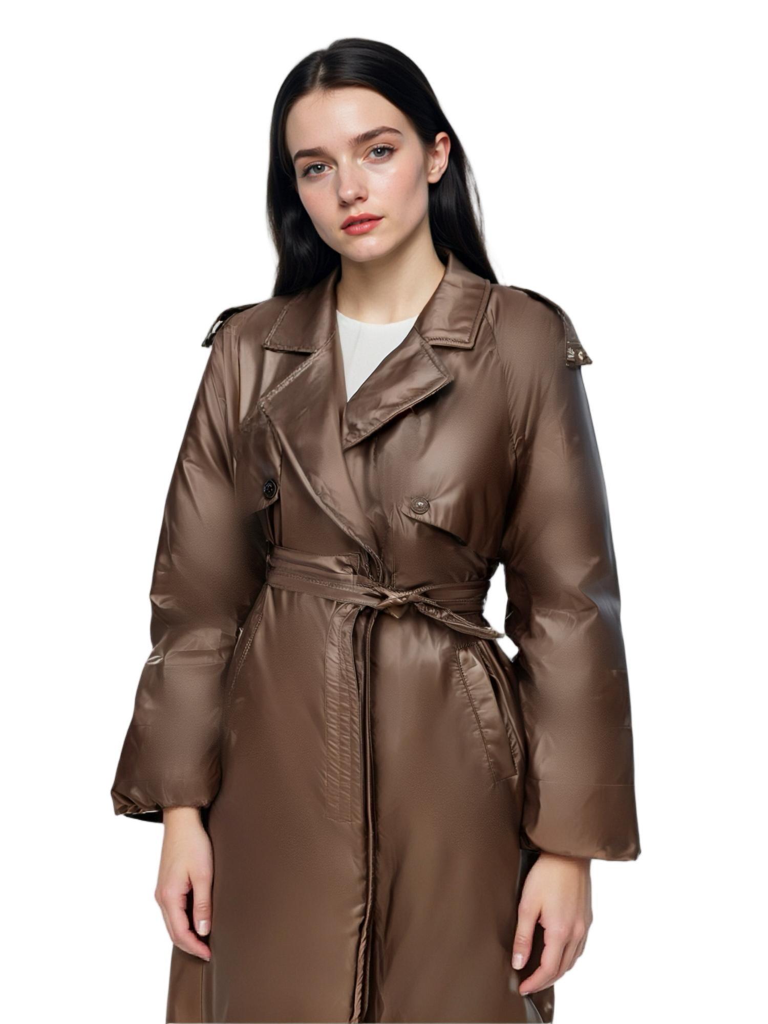 Satin Long Trench Coat with Blazer Collar & Adjustable Belt