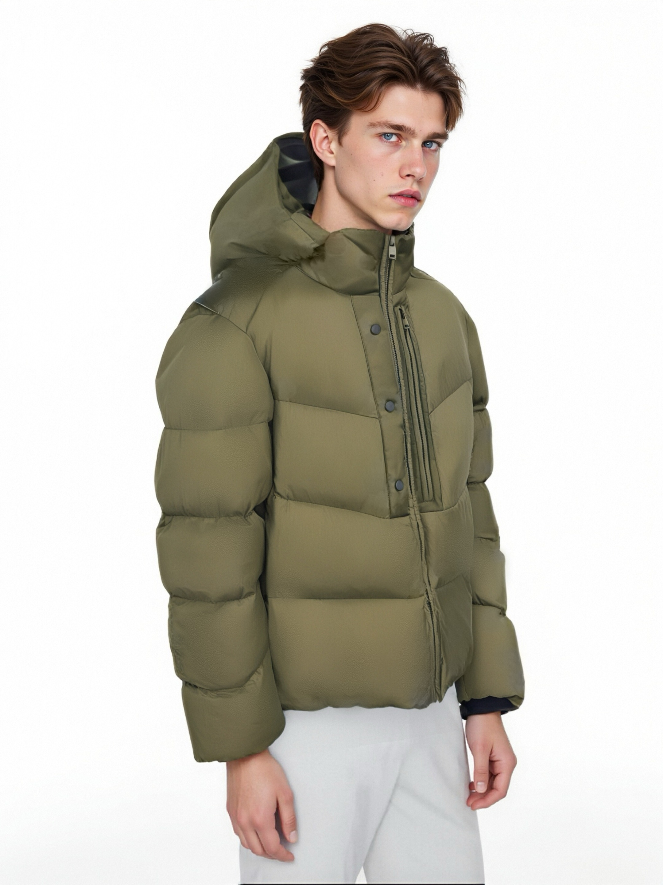 Wrinkle-Textured Nylon Short Puffer Coat with Adjustable Hood