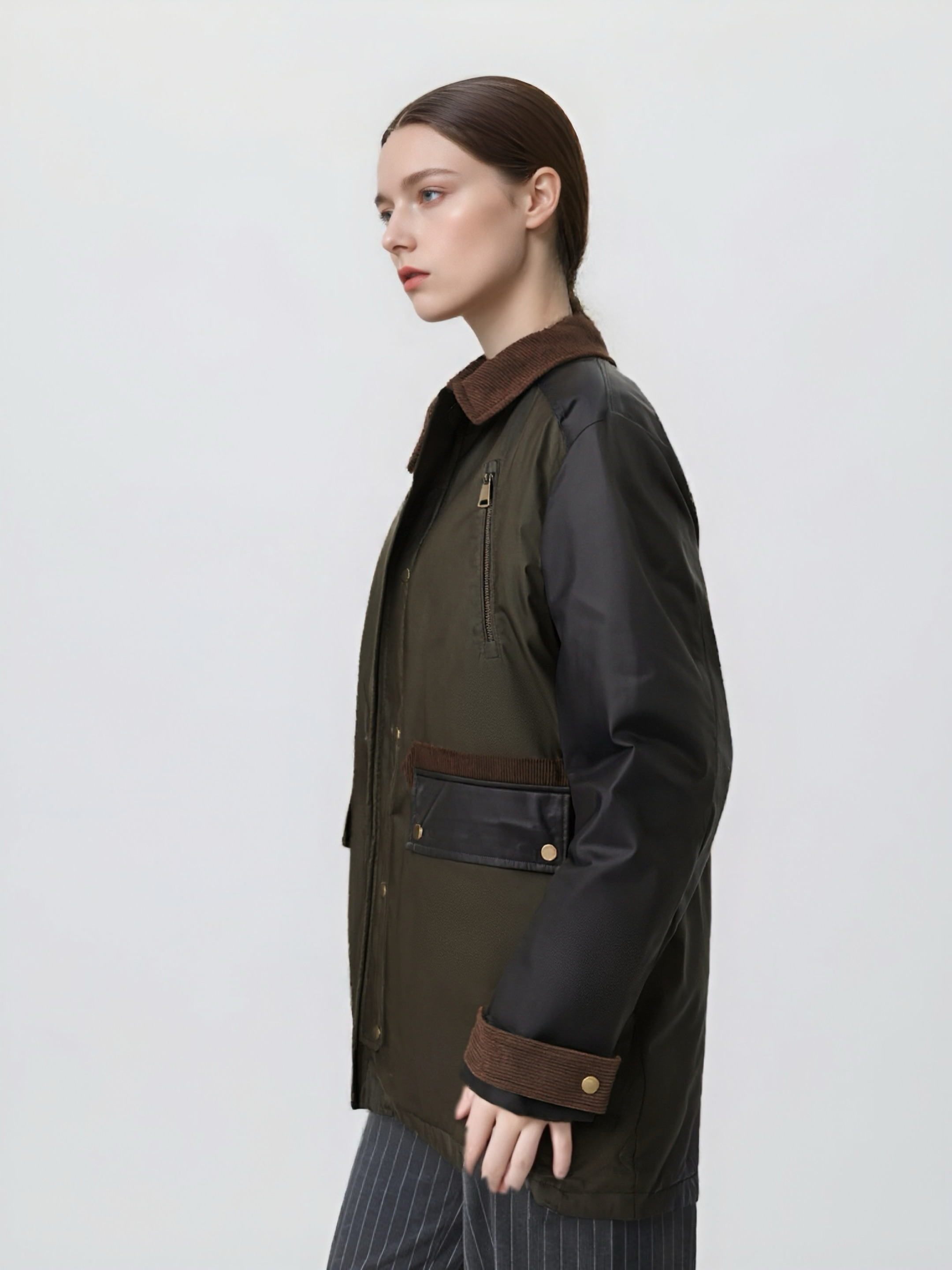 Mixed-Material Long Shirt-Collar Coat