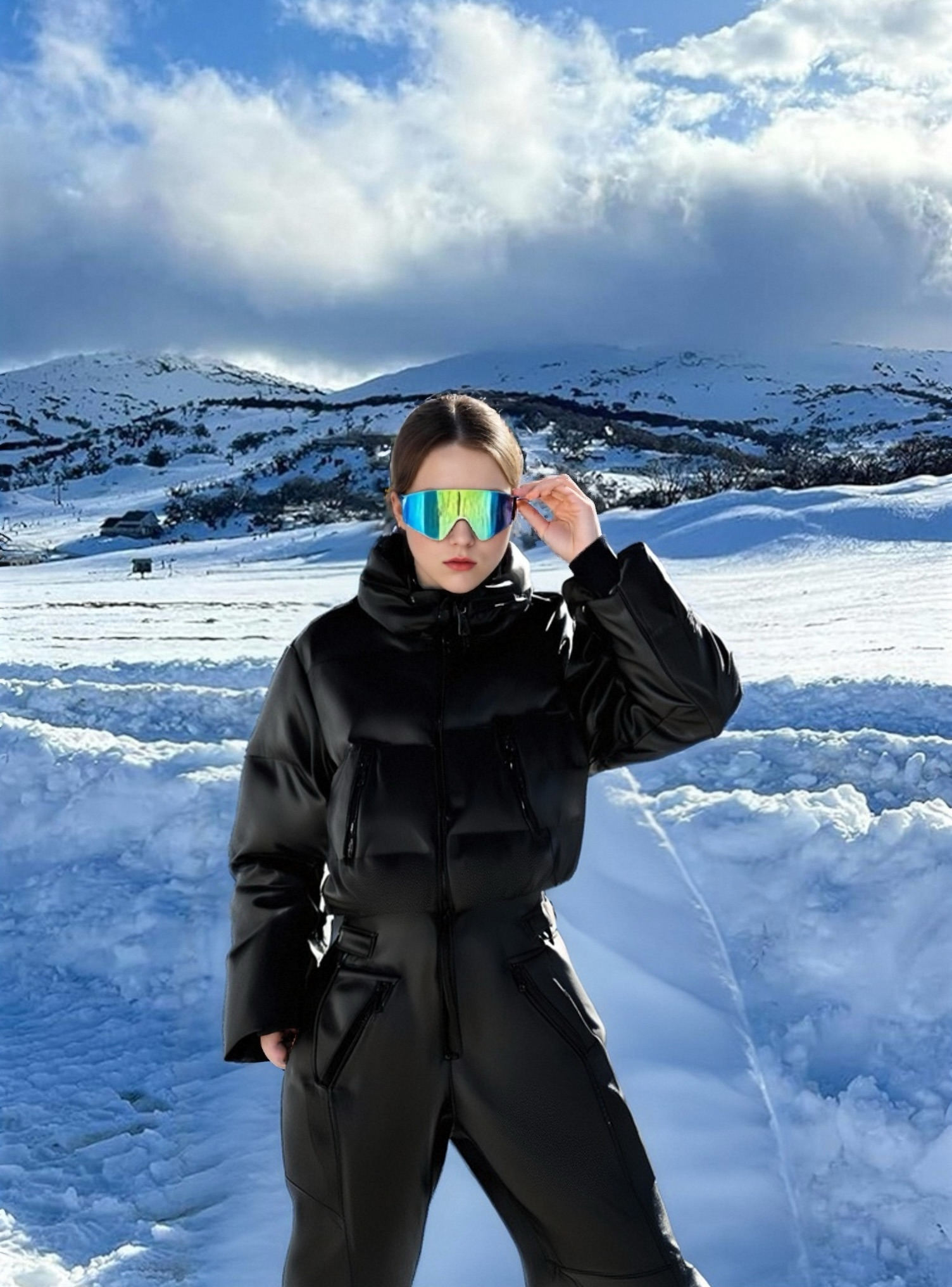 Fake PU & Fleece-Base Ski Suit with Invisible Hood 