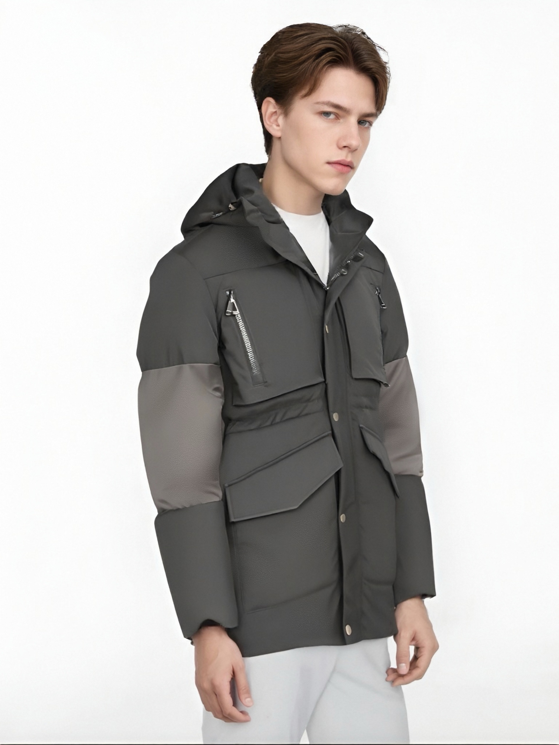 Multi-Material Patchwork Functional Parka with PU Sleeve Details