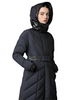 Matte & Lacquer Mixed Long Puffer Coat with Detachable Hood & Adjustable Belt