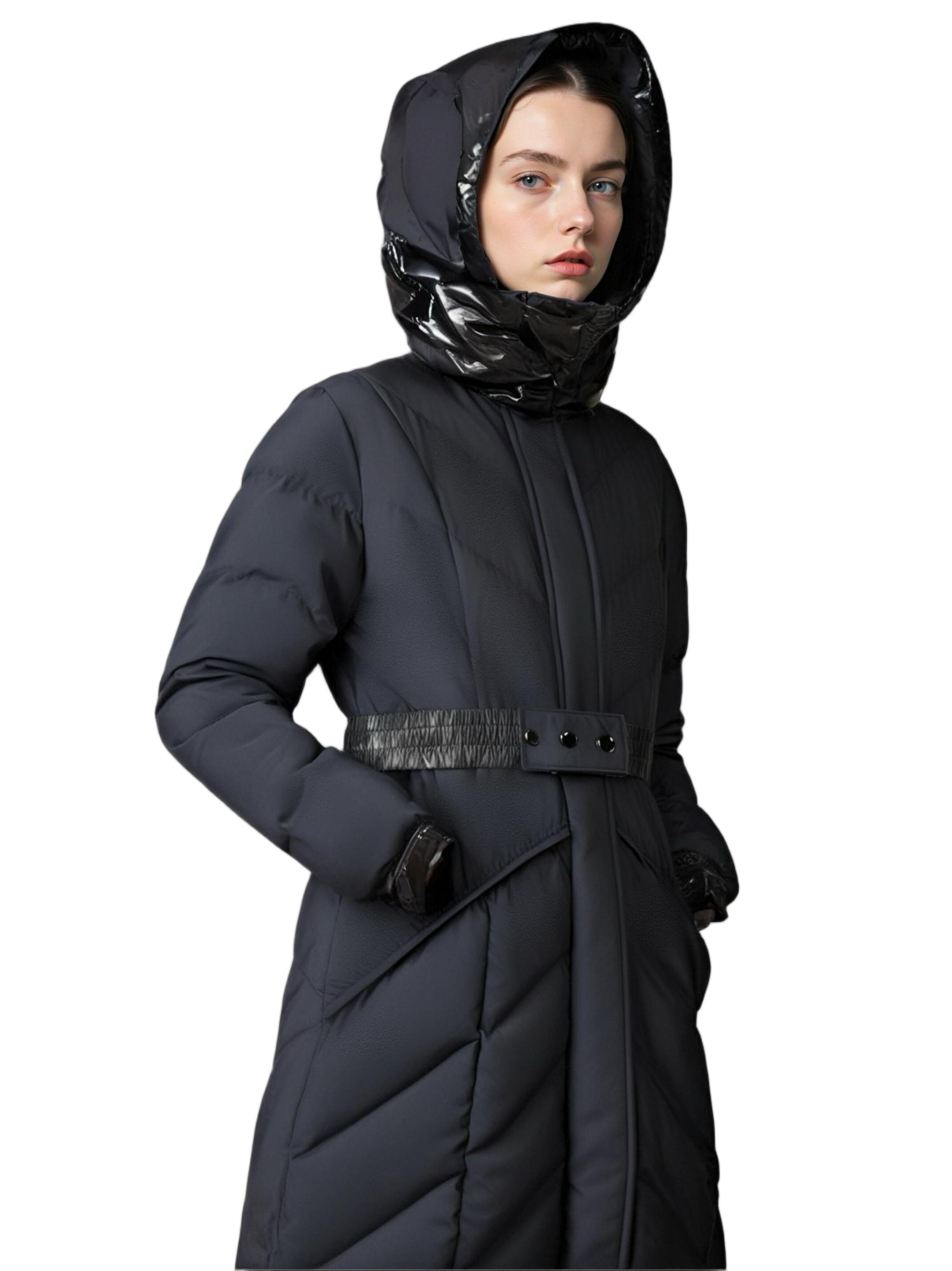 Matte & Lacquer Mixed Long Puffer Coat with Detachable Hood & Adjustable Belt