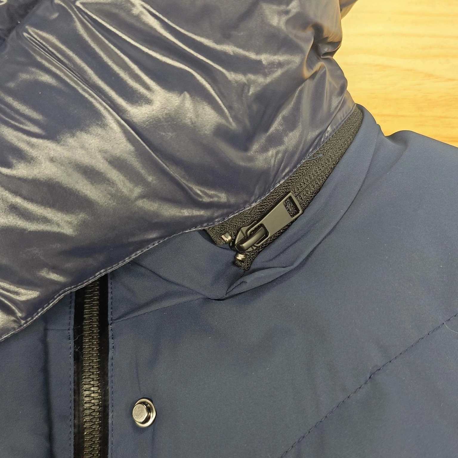 Matte & Lacquer Mixed Long Puffer Coat with Detachable Hood & Adjustable Belt