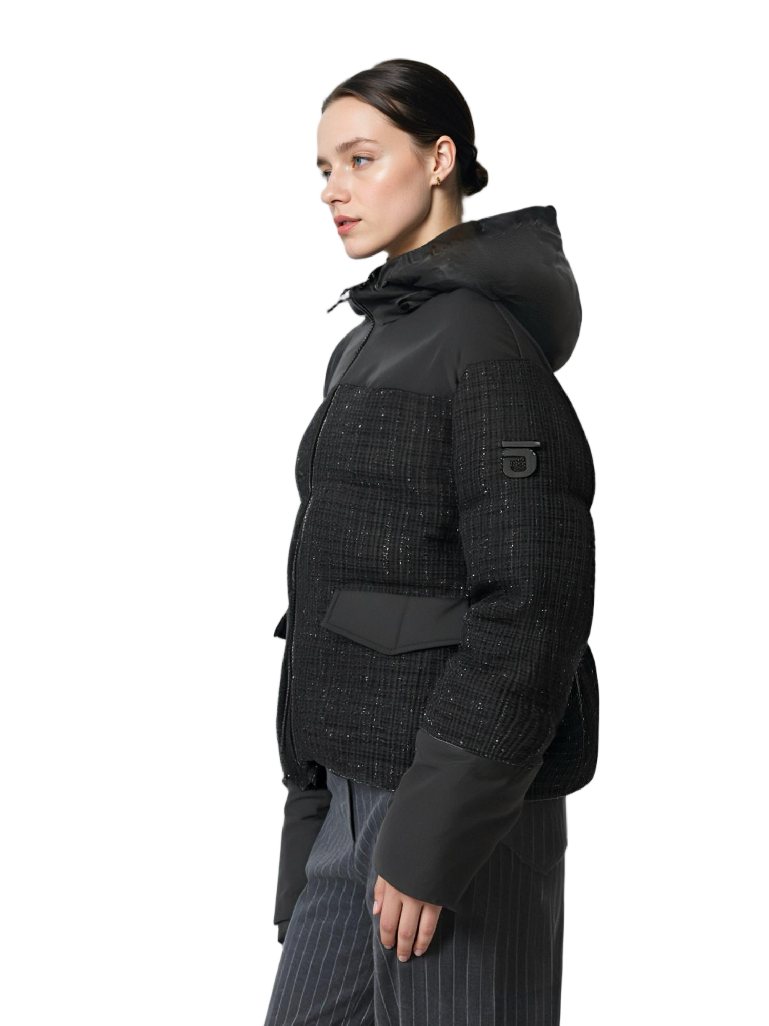 Tweed & Matte Mixed Short Puffer Coat with Adjustable Hood