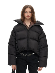 Black Short Short Loose Stand Collar veelzijdige omlaag jasje voor vrouwen - winter bovenkleding