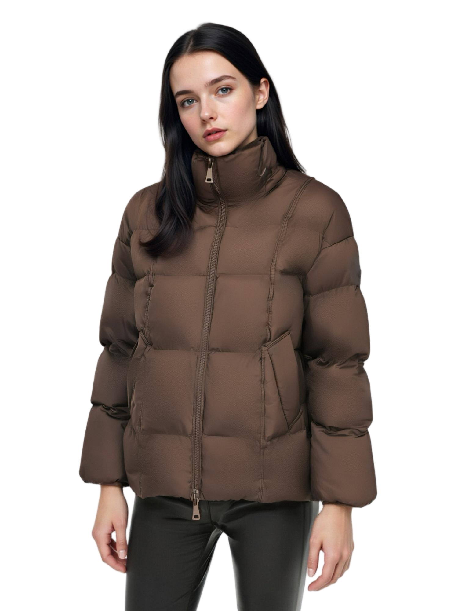 Tweed & Matte Mixed Long Puffer Coat with Adjustable Hood