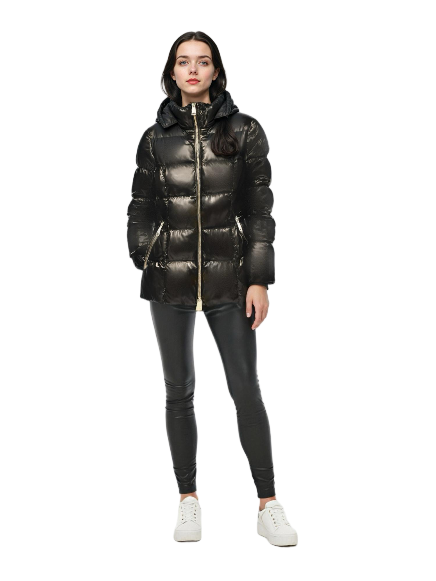 Lacquer Nylon Short Lightweight Puffer Coat with Adjustable Hood & Silver Zippers 
