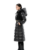 Tweed & Lacquer Mixed Long Puffer Coat with Oversized Adjustable Hood & Structured Belt 