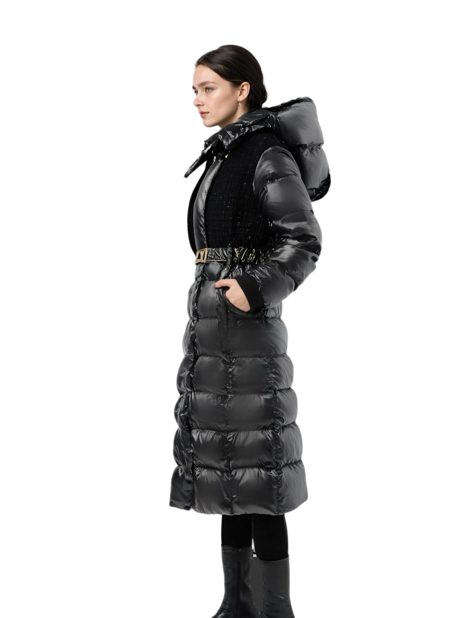 Tweed & Lacquer Mixed Long Puffer Coat with Oversized Adjustable Hood & Structured Belt 