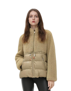 Fleece & Lacquer Mixed Puffer Coat with Adjustable Hood 