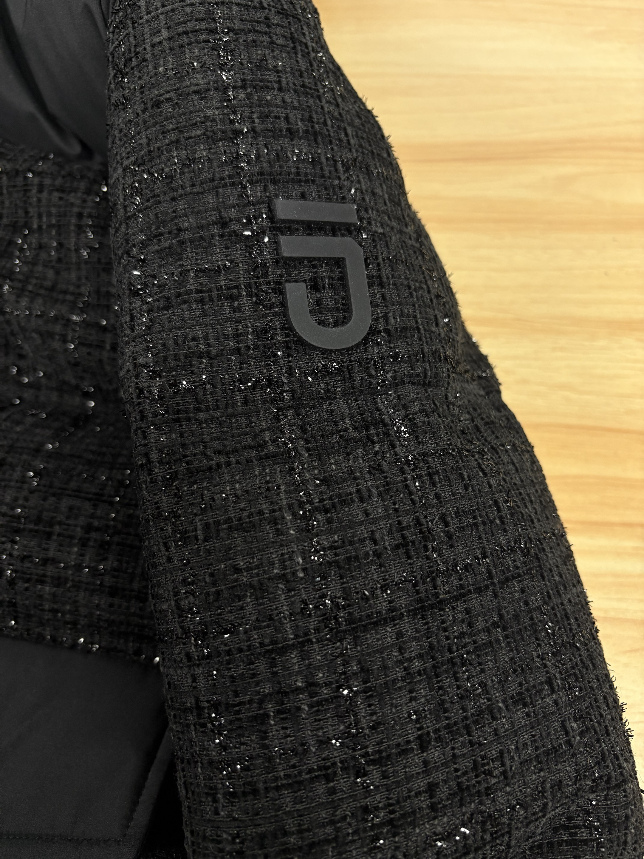 Tweed & Matte Mixed Short Puffer Coat with Adjustable Hood