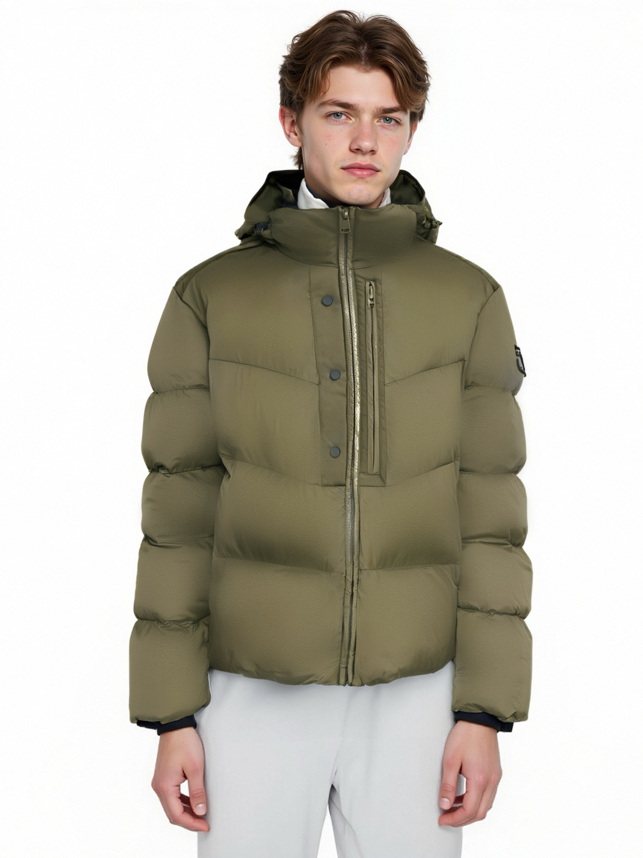 Wrinkle-Textured Nylon Short Puffer Coat with Adjustable Hood