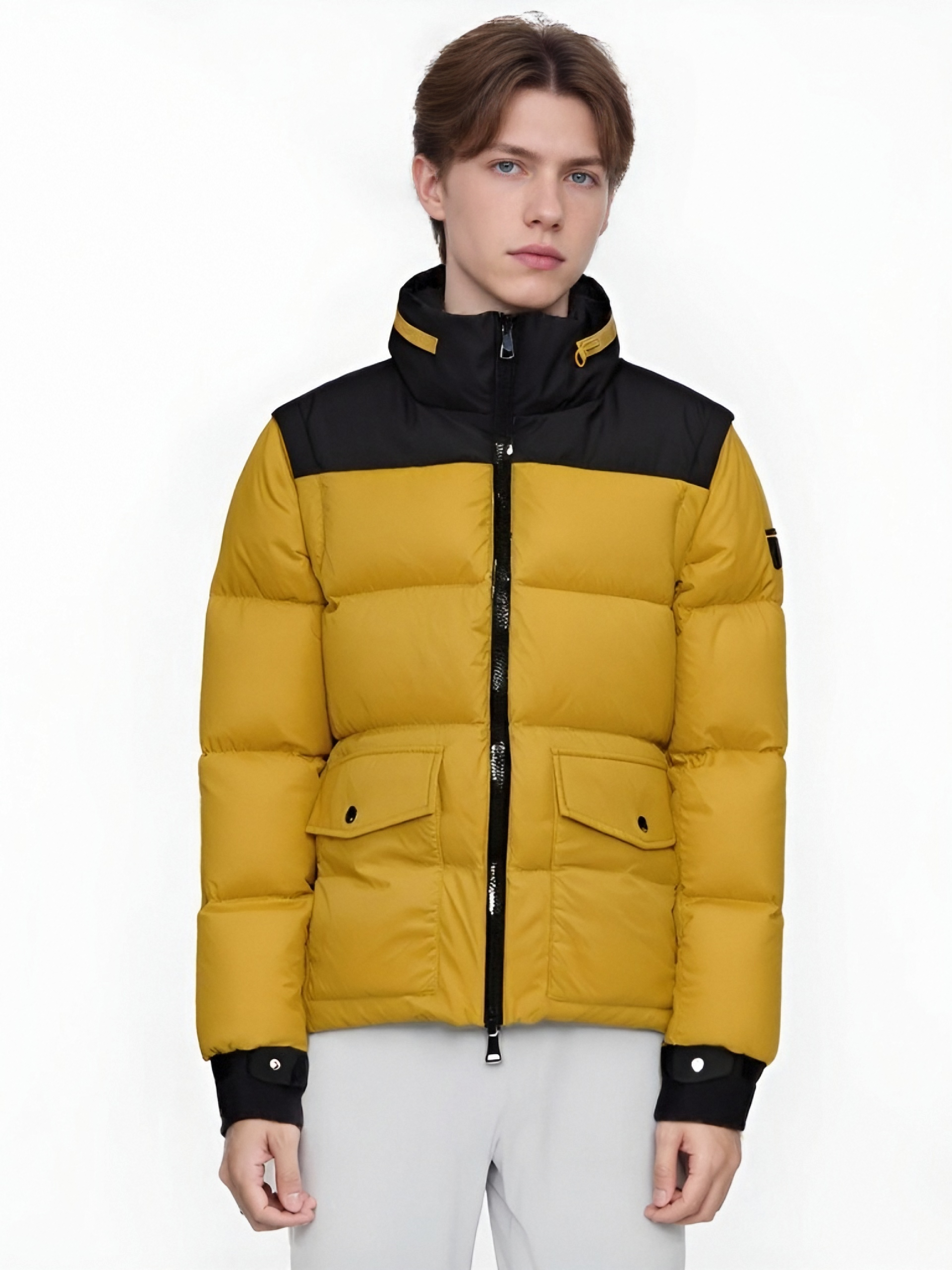 Matte & Lacquer Mixed Short Puffer Coat with Detachable Sleeves