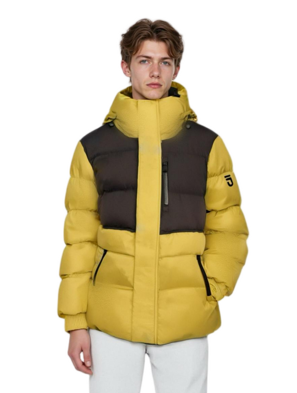Color-Blocked Short Puffer Coat with Knit-Accent Details 