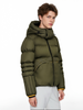 Piping-Accented Short Puffer Coat with Velcro Hood Brim