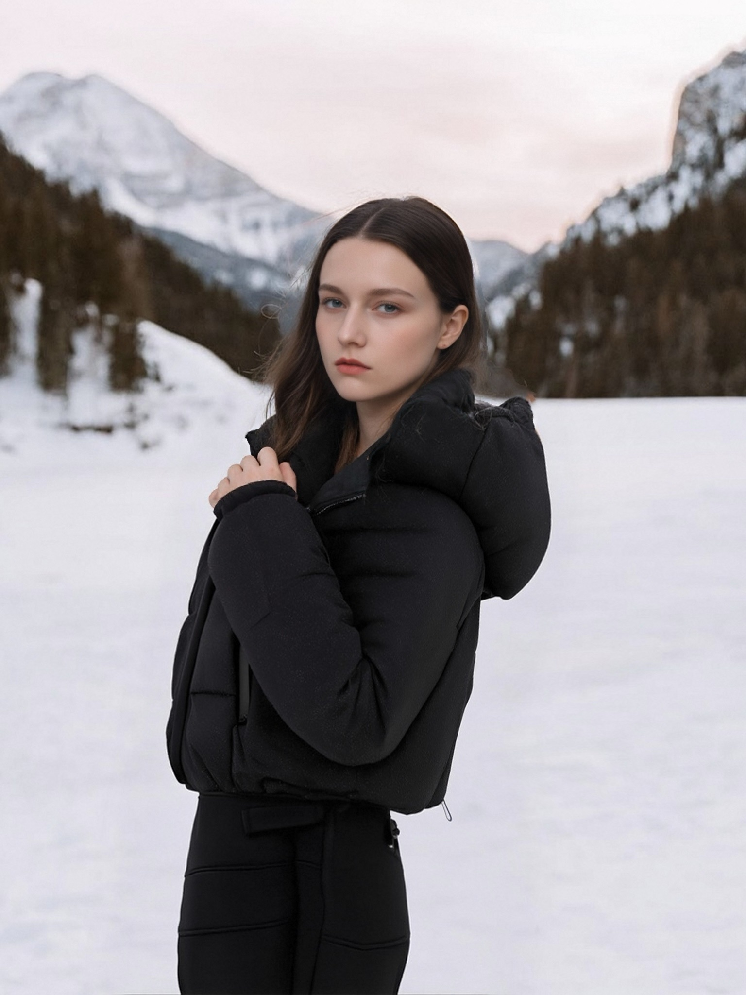 Matte-Fabric Ski Suit with Invisible Hood