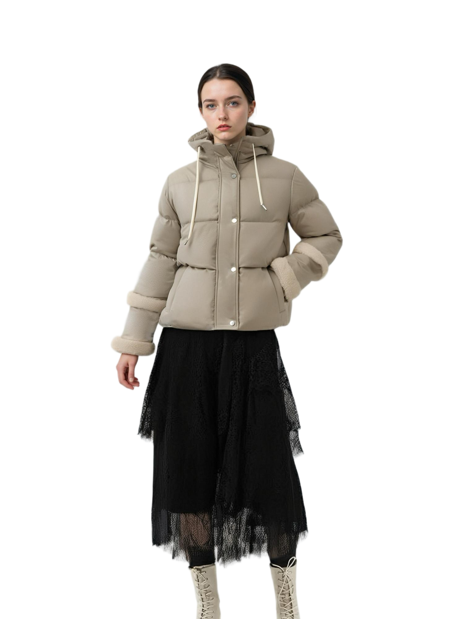 Short Puffer Coat with Satin - Matte Mix