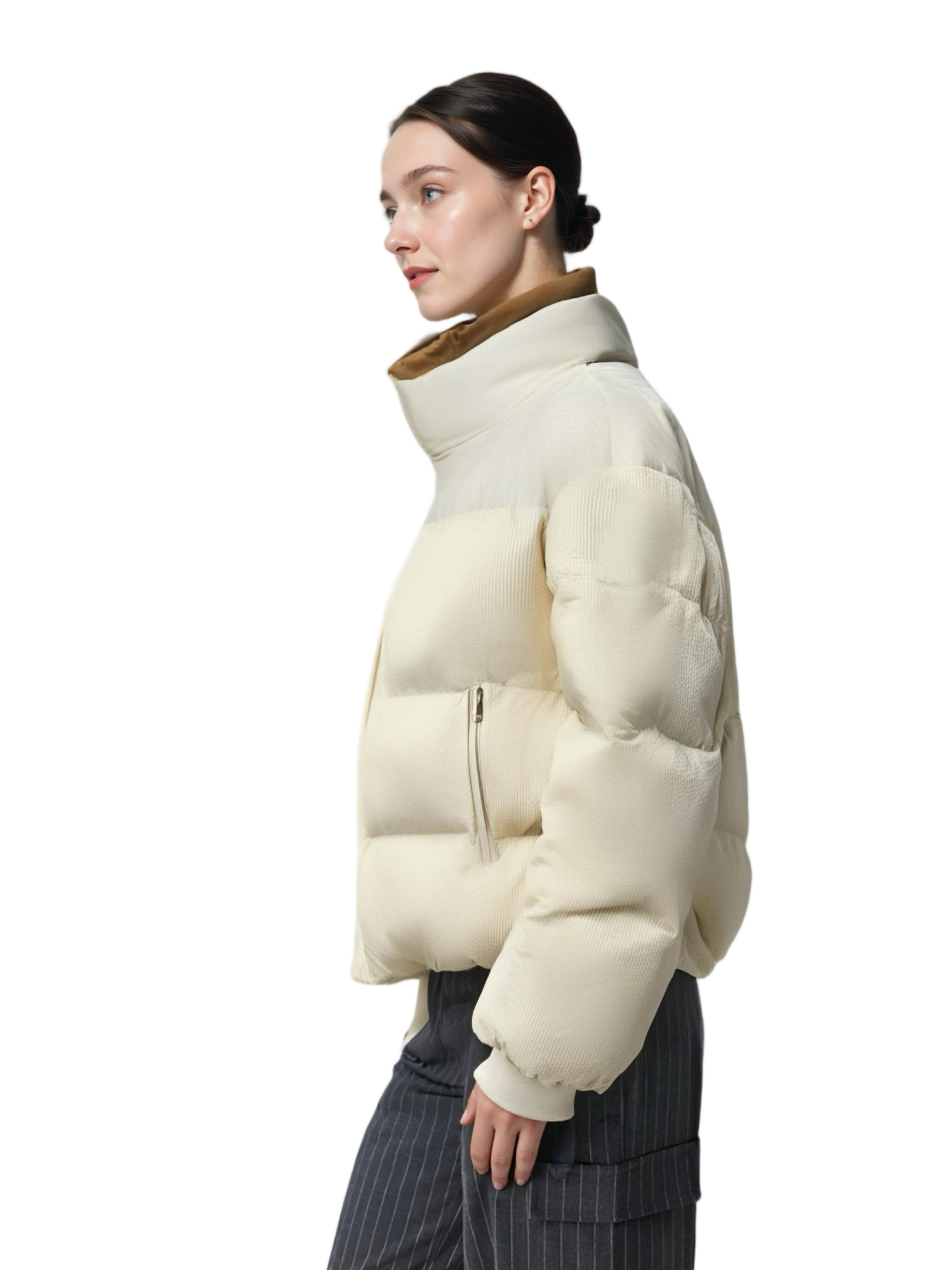 Corduroy & Matte Mixed Short Puffer Coat - Contrast Double Stand Collar Water-Repellent 