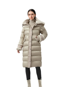 Matte & Lacquer Mixed Long Puffer Coat with Visible Snaps & Flap Pockets