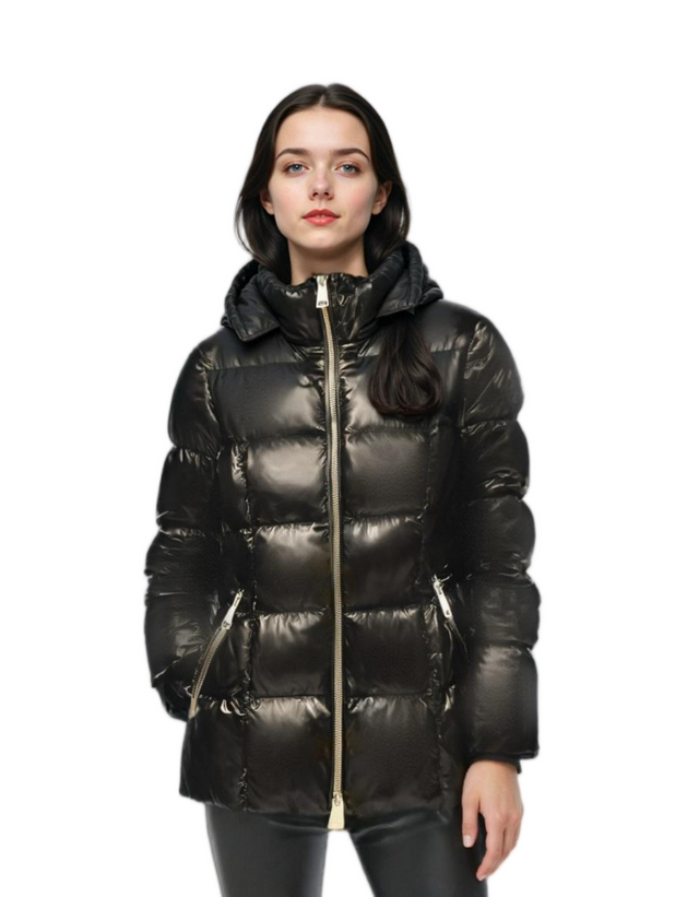 Lacquer Nylon Short Lightweight Puffer Coat with Adjustable Hood & Silver Zippers 