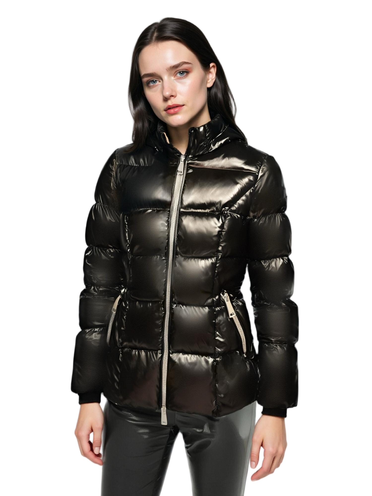Lacquer Nylon Short Lightweight Puffer Coat with Adjustable Hood & Silver Zippers 